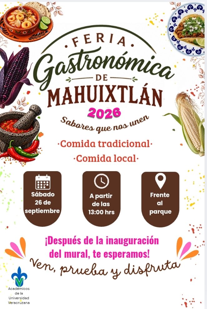 El cartel de la Feria Gastronómica de Mahuixtlán 2026: sábado 26 de septiembre, a partir de las 13:00, frente al parque.